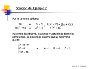 Elaborado por Elsa Guédez
Solución del Ejemplo 2
Por lo tanto se obtiene:
Haciendo distributiva, igualando y agrupando términos
semejantes, se obtiene el sistema que al resolverlo
queda:
 