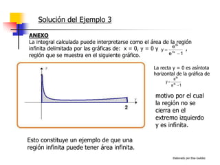 Elaborado por Elsa Guédez
Solución del Ejemplo 3
ANEXO
La integral calculada puede interpretarse como el área de la región
infinita delimitada por las gráficas de: x = 0, y = 0 y ,
región que se muestra en el siguiente gráfico. 1
e
e
y 4x
8x


La recta y = 0 es asíntota
horizontal de la gráfica de
1
e
e
y 4x
8x


motivo por el cual
la región no se
cierra en el
extremo izquierdo
y es infinita.
Esto constituye un ejemplo de que una
región infinita puede tener área infinita.
 