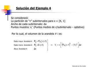 Elaborado por Elsa Guédez
Solución del Ejemplo 4
Se considerará:
La partición de “n” subintervalos para x ∈ [K, 1]
Ancho de cada subintervalo: ∆x
Puntos muestra: xi
* (Puntos medios de c/subintervalo – optativo)
Por lo cual, el volumen de la arandela # i es:
 
