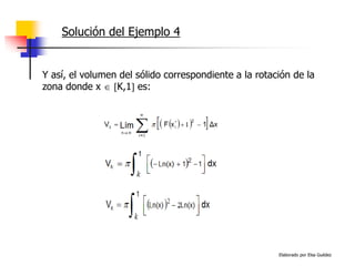 Elaborado por Elsa Guédez
Y así, el volumen del sólido correspondiente a la rotación de la
zona donde x  K,1 es:
Solución del Ejemplo 4
 