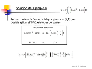 Elaborado por Elsa Guédez
Por ser continua la función a integrar para x  K,1 , es
posible aplicar el T.F.C. e integrar por partes:
Solución del Ejemplo 4
 