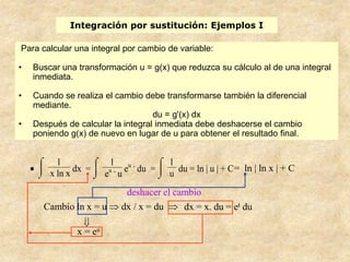 Integración por sustitución: Ejemplos I

Para calcular una integral por cambio de variable:

•   Buscar una transformación u = g(x) que reduzca su cálculo al de una integral
    inmediata.

•   Cuando se realiza el cambio debe transformarse también la diferencial
    mediante.
                                   du = g'(x) dx
•   Después de calcular la integral inmediata debe deshacerse el cambio
    poniendo g(x) de nuevo en lugar de u para obtener el resultado final.


          1             1                 1
        x ln x
               dx =     u.    eu . du =     du = ln | u | + C = ln | ln x | + C
                        e u               u
                              deshacer el cambio
      Cambio ln x = u        dx / x = du    dx = x. du = et du

               x = eu
 