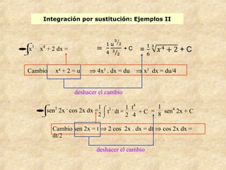 Integración por sustitución: Ejemplos II
deshacer el cambio
•
⌡


⌠
x3
x4
+ 2 dx =
Cambio x4
+ 2 = u ⇒ 4x3
. dx = du ⇒ x3
dx = du/4
•
⌡


⌠
sen3
2x .
cos 2x dx =
1
2 ⌡


⌠
t3 .
dt =
Cambio sen 2x = t ⇒ 2 cos 2x . dx = dt ⇒ cos 2x dx =
dt/2
=
1
8
sen4
2x + C
1
2
t4
4
+ C
deshacer el cambio
 