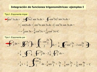 Integración de funciones trigonométricas: ejemplos I
= ⌡

⌠
sen3x.dx +⌡

⌠
cos4
3x sen 3x.dx –2⌡

⌠
cos2
3x sen 3x.dx =
= –
1
3
cos 3x -
2
9
cos3
3x +
1
15
cos5
3x+C
Tipo I. Exponente impar
=
1
4
x +
1
4 ⌡

⌠1 + cos
4x
3
2
dx –
3
4
sen
2x
3
=
3x
8
–
3
4
sen
2x
3
+
3
32
sen
4x
3
+ C
Tipo I. Exponente par
•⌡

⌠
sen5
3x.dx = ⌡

⌠
(sen2
3x)2
sen 3x.dx = ⌡

⌠
(1–cos2
3x)2
sen 3x.dx =
•
⌡


⌠
sen4 x
3 dx = 1
4 ⌡

⌠






1 + cos2 2x
3
– 2 cos
2x
3
dx =⌡

⌠








sen2 x
3
2
dx =
⌡

⌠





1 – cos
2x
3
2
2
dx =
=
1
4 ⌡

⌠
1.dx +
1
4 ⌡


⌠
cos2 2x
3 dx – 2
1
4 ⌡


⌠
cos
2x
3 dx =
 