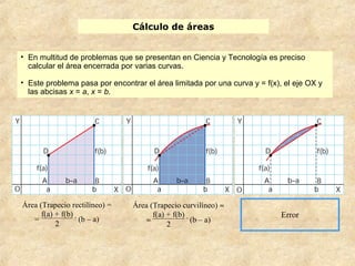 Cálculo de áreas
• En multitud de problemas que se presentan en Ciencia y Tecnología es preciso
calcular el área encerrada por varias curvas.
• Este problema pasa por encontrar el área limitada por una curva y = f(x), el eje OX y
las abcisas x = a, x = b.
Área (Trapecio rectilíneo) =
=
f(a) + f(b)
2
.
(b – a)
Área (Trapecio curvilíneo) ≈
≈
f(a) + f(b)
2
.
(b – a)
Error
 