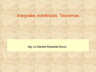 Mg. Liz Maribel Robladillo Bravo
Integrales indefinidas. Teoremas
 