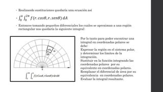 • Realizando sustituciones quedaría una ecuación así
•
0
𝑎
0
2𝜋
𝑓(𝑟. 𝑐𝑜𝑠𝜃, 𝑟. 𝑠𝑒𝑛𝜃) 𝑑𝐴
• Entonces tomando pequeños diferenciales los cuales se aproximan a una región
rectangular nos quedaría la siguiente integral:
Por lo tanto para poder encontrar una
integral en coordenadas polares se
debe:
Expresar la región en el sistema polar,
y determinar los limites de la
integración.
Sustituir en la función integrando las
coordenadas polares por su
equivalente en coordenadas polares.
Remplazar el diferencial de área por su
equivalencia en coordenadas polares.
Evaluar la integral resultante.
 