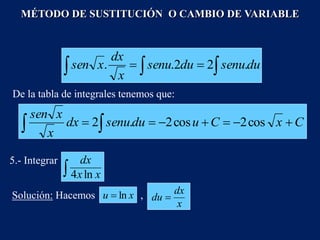 MÉTODO DE SUSTITUCIÓN O CAMBIO DE VARIABLE
De la tabla de integrales tenemos que:


 
 du
senu
du
senu
x
dx
x
sen .
2
2
.
.

 





 C
x
C
u
du
senu
dx
x
x
sen
cos
2
cos
2
.
2
5.- Integrar
 x
x
dx
ln
4
Solución: Hacemos ,
x
u ln

x
dx
du 
 