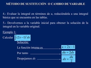 4.- Evaluar la integral en términos de u, reduciéndola a una integral
básica que se encuentra en las tablas.
5.- Devolvernos a la variable inicial para obtener la solución de la
integral en la variable original.
Ejemplo 1:
Calcular   dx
x 3
)
1
2
(
Solución:
La función interna es
Por tanto
Despejamos dx
2
du
dx 
1
2 
 x
u
dx
du 2

MÉTODO DE SUSTITUCIÓN O CAMBIO DE VARIABLE
 