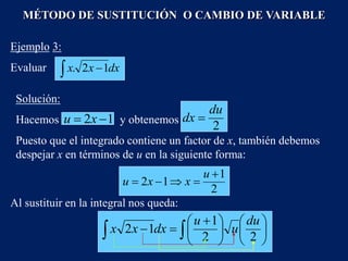 MÉTODO DE SUSTITUCIÓN O CAMBIO DE VARIABLE
Ejemplo 3:
Evaluar   dx
x
x 1
2
.
2
1
1
2





u
x
x
u
Al sustituir en la integral nos queda:
Solución:
Hacemos y obtenemos
Puesto que el integrado contiene un factor de x, también debemos
despejar x en términos de u en la siguiente forma:
2
du
dx 
1
2 
 x
u
  










 


2
2
1
1
2
du
u
u
dx
x
x
 