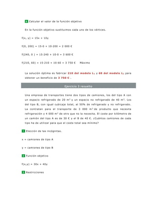 6 Calcular el valor de la función objetivo
En la función objetivo sustituimos cada uno de los vértices.
f(x, y) = 15x + 10y
f(0, 200) = 15·0 + 10·200 = 2 000 €
f(240, 0 ) = 15·240 + 10·0 = 3 600 €
f(210, 60) = 15·210 + 10·60 = 3 750 € Máximo
La solución óptima es fabricar 210 del modelo L1 y 60 del modelo L1 para
obtener un beneficio de 3 750 € .
Ejercicio 3 resuelto
Una empresa de transportes tiene dos tipos de camiones, los del tipo A con
un espacio refrigerado de 20 m3
y un espacio no refrigerado de 40 m3
. Los
del tipo B, con igual cubicaje total, al 50% de refrigerado y no refrigerado.
La contratan para el transporte de 3 000 m3
de producto que necesita
refrigeración y 4 000 m3
de otro que no la necesita. El coste por kilóme tro de
un camión del tipo A es de 30 € y el B de 40 €. ¿Cuántos camiones de cada
tipo ha de utilizar para que el coste total sea mínimo?
1 Elección de las incógnitas.
x = camiones de tipo A
y = camiones de tipo B
2 Función objetivo
f(x,y) = 30x + 40y
3 Restricciones
 