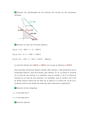 5 Calcular las coordenadas de los vértices del recinto de las soluciones
factibles.
6 Calcular el valor de la función objetivo
f(x,y) = 6.5 · 200 + 7 · 0 = 1300 €
f(x,y)= 6.5 · 0 + 7 · 200 = 1 400 €
f(x,y)= 6.5 · 150 + 7 · 100 = 1 675 € Máximo
La solución óptima son 150 P1 y 100 P2 con la que se obtienen 1 675 €
Unos grandes almacenes desean liquidar 200 camisas y 100 pantalones de la
temporada anterior. Para ello lanzan, dos ofertas, A y B. La oferta A consiste
en un lote de una camisa y un pantalón, que se venden a 30 €; la oferta B
consiste en un lote de tres camisas y un pantalón, que se vende a 50 €. No
se desea ofrecer menos de 20 lotes de la oferta A ni menos de 10 de la B.
¿Cuántos lotes ha de vender de cada tipo para maximizar la ganancia?
1 Elección de las incógnitas.
x = nº de lotes de A
y = nº de lotes de B
2 Función objetivo
 