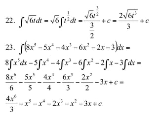 ( )
cxxxxx
x
cx
xxxxx
dxxxxxdxx
dxxxxxx
c
t
c
t
dttdtt
+−−−−−
=+−−−−−
=−−−−−
=−−−−−
+=+==
∫ ∫ ∫ ∫ ∫∫
∫
∫∫
32
3
4
3
2
2
3
6
4
4
5
5
6
8
326458
32645823.
3
62
2
3
6
6622.
2345
6
23456
2345
2345
32
3
2
1
 