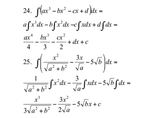 ( )
cxb
a
x
ba
x
dxbxdx
a
dxx
ba
dxb
a
x
ba
x
cdx
cxbxax
dxdxdxcdxxbdxxa
dxdcxbxax
+−−
+
=−−
+
=⎟
⎟
⎠
⎞
⎜
⎜
⎝
⎛
−−
+
++−−
=+−−
=+−−
∫∫∫
∫
∫∫∫ ∫
∫
5
2
3
3
5
31
5
3
25.
234
24.
2
22
3
2
22
22
2
234
23
23
 