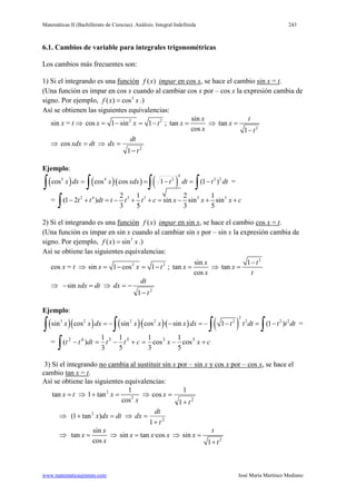 Matemáticas II (Bachillerato de Ciencias). Análisis: Integral Indefinida 243
www.matematicasjmmm.com José María Martínez Mediano
6.1. Cambios de variable para integrales trigonométricas
Los cambios más frecuentes son:
1) Si el integrando es una función )(xf impar en cos x, se hace el cambio sin x = t.
(Una función es impar en cos x cuando al cambiar cos x por – cos x la expresión cambia de
signo. Por ejemplo, 3
( ) cosf x x= .)
Así se obtienen las siguientes equivalencias:
sin x = t ⇒ 2 2
cos 1 sin 1x x t=− =− ;
sin
tan
cos
x
x
x
= ⇒
2
tan
1
t
x
t
=
−
⇒ dtxdx =cos ⇒
2
1 t
dt
dx
−
=
Ejemplo:
( ) ( )( ) ( )
4
5 4 2 2 2
cos cos · cos 1 (1 )x dx x xdx t dt t dt= = − = −
∫ ∫ ∫ ∫ =
= 2 4 3 5 3 52 1 2 1
(1 2 ) sin sin sin
3 5 3 5
t t dt t t t c x x x c− + = − + + = − + +
∫
2) Si el integrando es una función )(xf impar en sin x, se hace el cambio cos x = t.
(Una función es impar en sin x cuando al cambiar sin x por – sin x la expresión cambia de
signo. Por ejemplo, 3
( ) sinf x x= .)
Así se obtiene las siguientes equivalencias:
cos x = t ⇒ 2 2
sin 1 cos 1x x t=− =− ;
sin
tan
cos
x
x
x
= ⇒
2
1
tan
t
x
t
−
=
⇒ sin xdx dt− =⇒
2
1 t
dt
dx
−
−=
Ejemplo:
( )( ) ( )( )( ) ( )
2
3 2 2 2 2 2 2 2
sin cos sin · cos · sin 1 (1 )x x dx x x x dx t t dt t t dt=− − =− − =−
∫ ∫ ∫ ∫ =
= cxxcttdttt +−=+−=−
∫
535342
cos
5
1
cos
3
1
5
1
3
1
)(
3) Si el integrando no cambia al sustituir sin x por – sin x y cos x por – cos x, se hace el
cambio tan x = t.
Así se obtiene las siguientes equivalencias:
tan x t= ⇒ 2
2
1
1 tan
cos
x
x
+ = ⇒
2
1
1
cos
t
x
+
=
⇒ 2
(1 tan )x dx dt+ =⇒ 2
1 t
dt
dx
+
=
⇒
sin
tan
cos
x
x
x
= ⇒ sin tan ·cosx x x= ⇒
2
sin
1
t
x
t
=
+
 