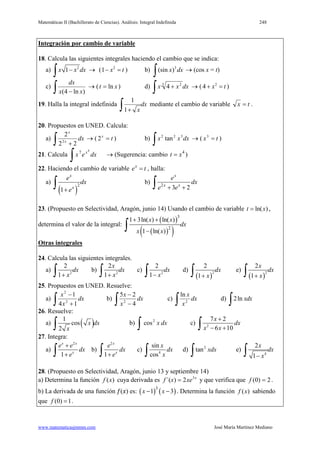 Matemáticas II (Bachillerato de Ciencias). Análisis: Integral Indefinida 248
www.matematicasjmmm.com José María Martínez Mediano
Integración por cambio de variable
18. Calcula las siguientes integrales haciendo el cambio que se indica:
a) 2
1x x dx−
∫ → ( 2
1 x t− =) b) 3
(sin )x dx
∫ → (cos x = t)
c)
∫ − )ln4( xx
dx
→ ( xt ln= ) d)
∫ + dxxx 3 2
4· → ( 2
4 x t+ =)
19. Halla la integral indefinida dx
x∫ +1
1
mediante el cambio de variable tx = .
20. Propuestos en UNED. Calcula:
a)
∫ +
dxx
x
22
2
2
→ ( tx
=2 ) b)
∫ dxxx 322
tan → ( tx =3
)
21. Calcula
∫ dxex x4
7
→ (Sugerencia: cambio 4
t x= )
22. Haciendo el cambio de variable x
e t= , halla:
a)
( )
2
1
x
x
e
dx
e+
∫ b) 2
3 2
x
x x
e
dx
e e+ +∫
23. (Propuesto en Selectividad, Aragón, junio 14) Usando el cambio de variable ln( )t x= ,
determina el valor de la integral:
( )
( )( )
3
2
1 3ln( ) ln( )
1 ln( )
x x
dx
x x
+ +
−∫
Otras integrales
24. Calcula las siguientes integrales.
a) 2
2
1
dx
x+∫ b) 2
2
1
x
dx
x+∫ c) 2
2
1
dx
x−∫ d)
( )
2
2
1
dx
x+∫ e)
( )
2
2
1
x
dx
x+∫
25. Propuestos en UNED. Resuelve:
a)
∫ +
−
dx
x
x
14
1
2
2
b)
∫ −
−
dx
x
x
4
25
2
c)
∫ dx
x
x
2
ln
d) 2ln xdx
∫
26. Resuelve:
a) ( )1
cos
2
x dx
x∫ b) dxxcos2
∫ c) 2
7 2
6 10
x
dx
x x
+
− +∫
27. Integra:
a)
2
1
x x
x
e e
dx
e
+
+∫ b)
2
1
x
x
e
dx
e+∫ c) 4
sin
cos
x
dx
x∫ d) 2
tan xdx
∫ e)
4
2
1
x
dx
x−∫
28. (Propuesto en Selectividad, Aragón, junio 13 y septiembre 14)
a) Determina la función )(xf cuya derivada es x
xexf 5
2)´( = y que verifica que 2)0( =f .
b) La derivada de una función 𝑓(𝑥) es: ( ) ( )3
1 3x x− − . Determina la función ( )f x sabiendo
que (0) 1f = .
 
