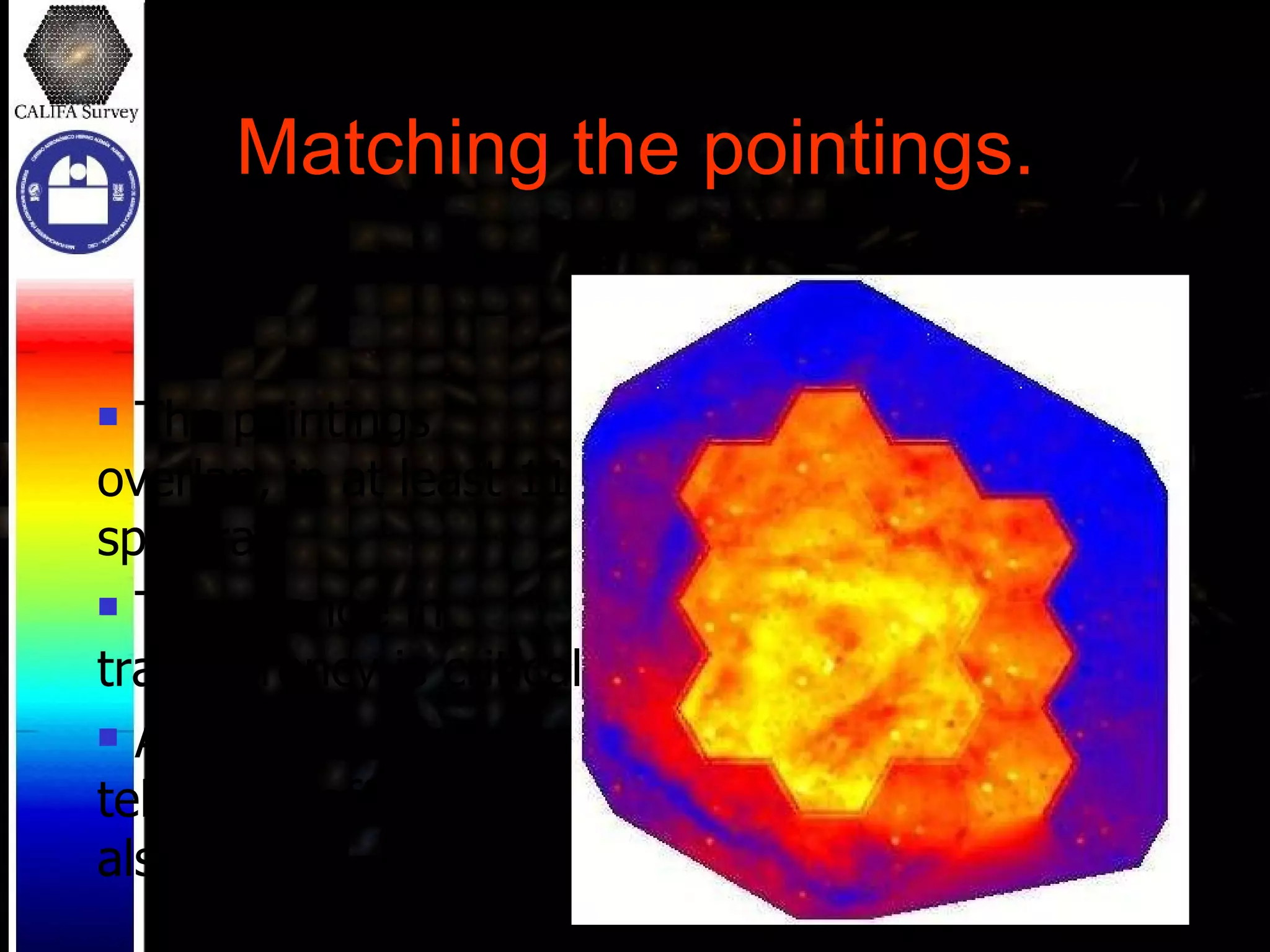 Matching the pointings. The pointings overlap, in at least 11 spectra. The change in transparency is critical Accuracy of the telescope offsets is also critical. 