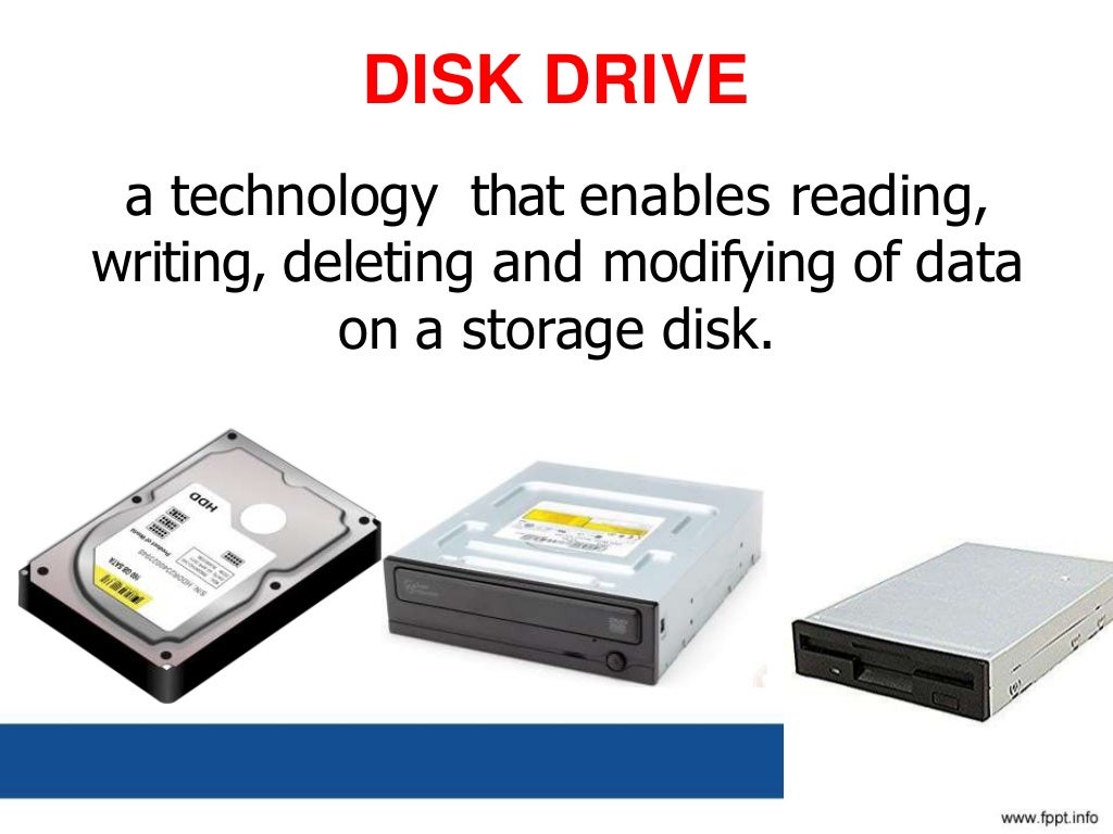 DISK DRIVE
a technology that enables reading,
writing, deleting and modifying of data
on a storage disk.
 