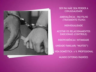 SER PAI/MÃE SEM PERDER A
        CONJUGALIDADE

    AMBIVALÊNCIA : PAI/FILHO
      (TRATAMENTO FILHO)

        INDIVIDUALIDADE

 ACEITAR OS RELACIONAMENTOS
   EMOCIONAIS (CONTROLE)

  INDEPENDÊNCIA/ INTIMIDADE

UNIDADE FAMILIAR( “MUITOS”)

VIDA DOMÉSTICA x V. PROFISSIONAL

   MUNDO EXTERNO/PADRÕES
 