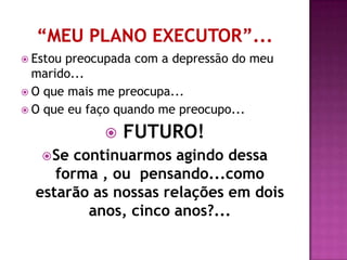  Estoupreocupada com a depressão do meu
  marido...
 O que mais me preocupa...
 O que eu faço quando me preocupo...

                FUTURO!
    Se continuarmos agindo dessa
     forma , ou pensando...como
  estarão as nossas relações em dois
          anos, cinco anos?...
 