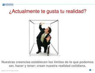 ¿Actualmente te gusta tu realidad? 
Nuestras creencias establecen los límites de lo que podemos 
ser, hacer y tener; crean nuestra realidad cotidiana. 
Integralis. 2014. All rights reserved. 
11 
 
