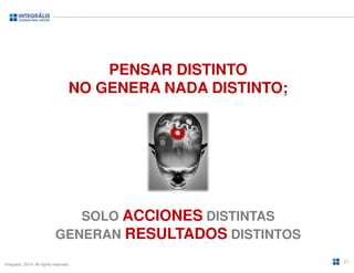 Integralis. 2014. All rights reserved. 
PENSAR DISTINTO 
NO GENERA NADA DISTINTO; 
SOLO ACCIONES DISTINTAS 
GENERAN RESULTADOS DISTINTOS 
20 
 