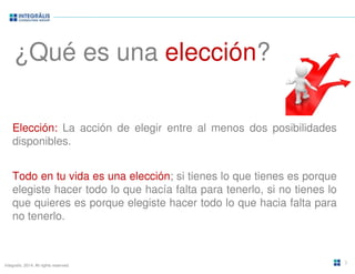 ¿Qué es una elección? 
Elección: La acción de elegir entre al menos dos posibilidades 
disponibles. 
Todo en tu vida es una elección; si tienes lo que tienes es porque 
elegiste hacer todo lo que hacía falta para tenerlo, si no tienes lo 
que quieres es porque elegiste hacer todo lo que hacia falta para 
no tenerlo. 
Integralis. 2014. All rights reserved. 
3 
 