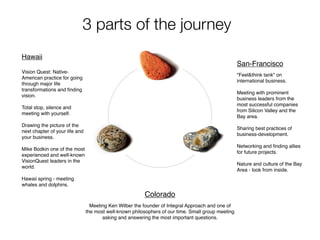 3 parts of the journey
Hawaii
                                                                                                    San-Francisco
Vision Quest: Native-
                                                                                                    "Feel&think tank" on
American practice for going
                                                                                                    international business.
through major life
transformations and ﬁnding
                                                                                                    Meeting with prominent
vision.
                                                                                                    business leaders from the
                                                                                                    most successful companies
Total stop, silence and
                                                                                                    from Silicon Valley and the
meeting with yourself.
                                                                                                    Bay area.
Drawing the picture of the
                                                                                                    Sharing best practices of
next chapter of your life and
                                                                                                    business-development.
your business.
                                                                                                    Networking and ﬁnding allies
Mike Bodkin one of the most
                                                                                                    for future projects.
experienced and well-known
VisionQuest leaders in the
                                                                                                    Nature and culture of the Bay
world.
                                                                                                    Area - look from inside.
Hawaii spring - meeting
whales and dolphins.

                                                         Colorado
                                  Meeting Ken Wilber the founder of Integral Approach and one of
                                the most well-known philosophers of our time. Small group meeting
                                       asking and answering the most important questions.
 