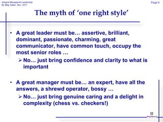 Integral Managerial Leadership                                   Page 6
By Meg Salter, Nov. 2011



                                 The myth of ‘one right style’

        • A great leader must be… assertive, brilliant,
          dominant, passionate, charming, great
          communicator, have common touch, occupy the
          most senior roles …
            No… just bring confidence and clarity to what is
             important

        • A great manager must be… an expert, have all the
          answers, a shrewd operator, bossy …
            No… just bring genuine caring and a delight in
             complexity (chess vs. checkers!)
 