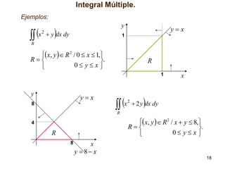 Integral Múltiple.
Ejemplos:

 x

2

y

 y dx dy

yx

1

R

x, y   R 2 / 0  x  1,
R
.
0 y x 


R
1

y

yx

8

 x

2

x



 2 y dx dy

R

x, y   R 2 / x  y  8,
R
.
0 y x 


4

R
8

x

y  8 x
18

 