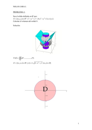 NOLAN JARA J.
1
PROBLEMA 1:
Sea el sólido definido en R³ por:
|}|;1;4/),,{( 222223
yzyxzyxRzyxS 
Calcular el volumen del solidó S
Solución:
2 2
( ) .................(*)
{( , , ) / | | 4 ;( , ) }
E
V E dV
E x y z R y z x y x y D

      

 