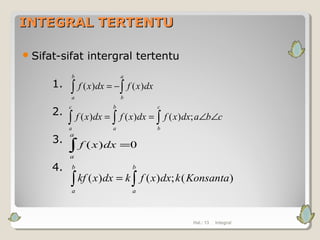 INTEGRAL TERTENTUINTEGRAL TERTENTU
Sifat-sifat intergral tertentu
1.
2.
3.
4.
∫ ∫−=
b
a
a
b
dxxfdxxf )()(
∫ ∫ ∫ ∠∠==
c
a
b
a
c
b
cbadxxfdxxfdxxf ;)()()(
Hal.: 13 Integral
∫ =
a
a
dxxf 0)(
∫ ∫=
b
a
b
a
Konsantakdxxfkdxxkf )(;)()(
 