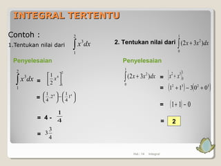 INTEGRAL TERTENTUINTEGRAL TERTENTU
Contoh :
1.Tentukan nilai dari ∫
2
1
3
dxx
2
1
4
2
1




x
Hal.: 14 Integral
Penyelesaian
∫
2
1
3
dxx =






−




 44
1
4
1
2.
4
1
=
4 - 4
1
=
=
4
3
3
2. Tentukan nilai dari
Penyelesaian
dxxx )32(
1
0
2
∫ +
dxxx )32(
1
0
2
∫ + = [ ]1
0
32
xx +
=
=
= ( ) ( )3232
00311 +−+
( ) 011 −+
2
 