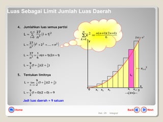 Hal.: 25 Integral
4. Jumlahkan luas semua partisi
( )∑
−
=
+≈
1
0
2
3
1
27
L
n
i
i
n
( )222
3
...21
27
L n
n
+++≈
)12)(1(
6
127
L 3
++×≈ nnn
n
)2)(1(
2
9
L 11
nn
++≈
5. Tentukan limitnya
)2)(1(
2
9
L 11
lim nn
n
++=
∞→
9)02)(01(
2
9
L =++=
Jadi luas daerah = 9 satuan
6
)12)(1(
1
2 ++
=
=∑
nnnn
k
k
0
x
3
Li
3/n
2
1+ix
2
)( xxf =
xi+1
xix1 x2
x3
y
NextBackHome
Luas Sebagai Limit Jumlah Luas Daerah
 