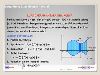 Hal.: 33 Integral
LUAS DAERAH ANTARA DUA KURVA
Perhatikan kurva y = f(x) dan y = g(x) dengan f(x) > g(x) pada selang
[a, b] di bawah ini. Dengan menggunakan cara : partisi, aproksimasi,
jumlahkan, ambil limitnya, integralkan, maka dapat ditentukan luas
daerah antara dua kurva tersebut.
Langkah penyelesaian:
1. Partisi daerahnya
2. Aproksimasi : Li ≈ [ f(x) – g(x) ] ∆x
4. Jumlahkan : L ≈ ∑ [ f(x) – g(x) ] ∆x
5. Ambil limitnya :
L = lim ∑ [ f(x) – g(x) ] ∆x
6. Nyatakan dalam integral tertentu
y
ba
[ ]dxxgxf
b
a
∫ −= )()(L
)(xfy =
)(xgy =
0
x
Li
∆x
x
)()( xgxf −
NextBackHome
Menghitung Luas dengan Integral
 