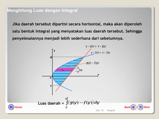 Hal.: 37 Integral
Jika daerah tersebut dipartisi secara horisontal, maka akan diperoleh
satu bentuk integral yang menyatakan luas daerah tersebut. Sehingga
penyelesaiannya menjadi lebih sederhana dari sebelumnya.
)()( yfxxfy =⇔=
y
0
x
)()( ygxxgy =⇔=
Luas daerah = ( )∫ −
d
c
dyyfyg )()(
Li ∆y
c
d
)()( yfyg −
NextBackHome
Menghitung Luas dengan Integral
 