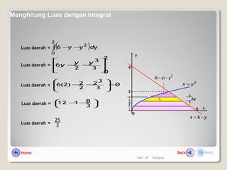Hal.: 39 Integral
Luas daerah = ( )∫ −−
2
0
2
6 dyyy
2
yx =
yx −= 6
2
y
6
x
0
6
Li ∆y
y
2
)6( yy −−
Luas daerah =
2
0
3
3
2
6










−−
yy
y
Luas daerah = 0
3
32
2
2)2(6 −−− 







Luas daerah = 





−−
3
8112
Luas daerah = 3
25
Home Back Next
Menghitung Luas dengan Integral
 