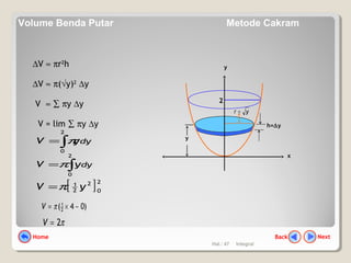 Hal.: 47 Integral
∆V ≈ πr2
h
∆V ≈ π(√y)2
∆y
V ≈ ∑ πy ∆y
V = lim ∑ πy ∆y
dyyV ∫=
2
0
π
[ ]2
0
2
2
1
yV π=
)04(2
1
−×= πV
x
y
h=∆y
y
yr =
2
dyyV ∫=
2
0
π
π2=V
NextBackHome
Volume Benda Putar Metode Cakram
 