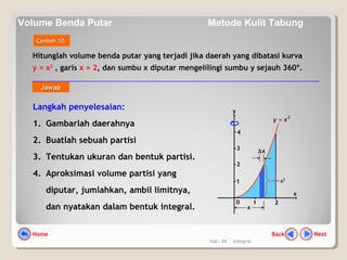 Hal.: 54 Integral
Hitunglah volume benda putar yang terjadi jika daerah yang dibatasi kurva
y = x2
, garis x = 2, dan sumbu x diputar mengelilingi sumbu y sejauh 360º.
Contoh 10.Contoh 10.
Langkah penyelesaian:
1. Gambarlah daerahnya
2. Buatlah sebuah partisi
3. Tentukan ukuran dan bentuk partisi.
4. Aproksimasi volume partisi yang
diputar, jumlahkan, ambil limitnya,
dan nyatakan dalam bentuk integral.
0
x
1 2
x
∆x
2
xy =
x2
y
1
2
3
4
JawabJawab
NextBackHome
Volume Benda Putar Metode Kulit Tabung
 