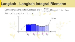 Langkah –Langkah Integral Riemann
Definisikan panjang partisi P, sebagai 𝑃 =
𝑀𝑎𝑘𝑠
1 ≤ 𝑖 ≤ 𝑛
∆𝑥𝑘 , ∆𝑥𝑘 = 𝑥𝑘 − 𝑥𝑘−1
Pilih 𝑐𝑘 ∈ 𝑥𝑘−1, 𝑥𝑘 , k = 1, 2, …, n
𝑐1 𝑐2 𝑐3 𝑐4 𝑐5
 