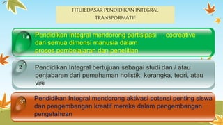 FITUR DASAR PENDIDIKAN INTEGRAL 
TRANSPORMATIF 
1 
2 
3 
Pendidikan Integral mendorong partisipasi cocreative 
dari semua dimensi manusia dalam 
proses pembelajaran dan penelitian 
Pendidikan Integral bertujuan sebagai studi dan / atau 
penjabaran dari pemahaman holistik, kerangka, teori, atau 
visi 
Pendidikan Integral mendorong aktivasi potensi penting siswa 
dan pengembangan kreatif mereka dalam pengembangan 
pengetahuan 
 