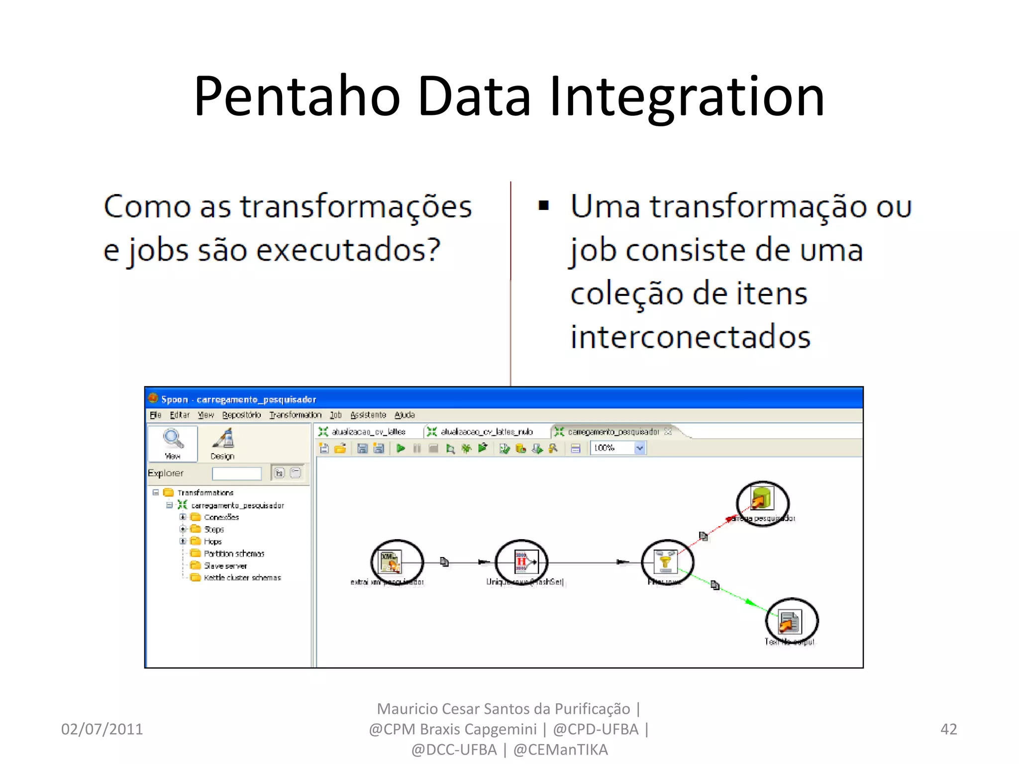 Pentaho Data Integration




                    Mauricio Cesar Santos da Purificação |
02/07/2011         @CPM Braxis Capgemini | @CPD-UFBA |       42
                       @DCC-UFBA | @CEManTIKA
 
