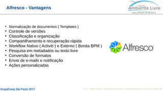 © 2017, Ambiente Livre. Todos direitos reservados. www.ambientelivre.com.br +55 (41) 3308-34381
Alfresco - Vantagens
●
Normalização de documentos ( Templates )
●
Controle de versões
●
Classificação e organização
●
Compartilhamento e recuperação rápida
●
Workflow Nativo ( Activiti ) e Externo ( Bonita BPM )
●
Pesquisa em metadados ou texto livre
●
Conversão de formatos
●
Envio de e-mails e notificação
●
Ações personalizadas
 