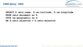 © 2017, Ambiente Livre. Todos direitos reservados. www.ambientelivre.com.br +55 (41) 3308-34384
CMIS Query - GEO
 