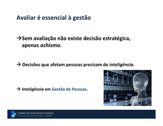 Avaliar é essencial à gestão


Sem avaliação não existe decisão estratégica,
 apenas achismo.


 Decisões que afetam pessoas precisam de inteligência.



 Inteligência em Gestão de Pessoas.




Unidade Central de Recursos Humanos
Secretaria de Gestão Pública - GovSP
 