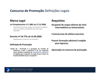 Concurso de Promoção Definições Legais

Marco Legal                                                      Requisitos
Lei Complementar nº 1.080, de 17.12.2008.                        Ocupante de cargos efetivos de nível
     Institui Plano Geral de Cargos, Vencimentos e Salários         intermediário ou Universitário;
     para os servidores integrantes das classes que
     especifica.

                                                                 5 (cinco) anos de efetivo exercício;
Decreto nº 54.779, de 15.09.2009.
     Regulamenta o Concurso de Promoção.
                                                                 Possuir formação adicional à exigida
                                                                    para ingresso;
Definição de Promoção
“Artigo 28 – Promoção é a passagem do servidor da
      referência 1 para a referência 2 de sua respectiva         Aprovação no concurso de promoção.
      classe, devido à aquisição de competências adicionais
      às exigidas para o ingresso no cargo de que é titular ou
      função-atividade de que é ocupante.”




 Unidade Central de Recursos Humanos
 Secretaria de Gestão Pública - GovSP
 