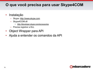 O que você precisa para usar Skype4COMInstalaçãoSkype: http://www.skype.comSkype4COM.dllhttp://developer.skype.com/accessoriesPrecisa registrar a DLLObjectWrapper para APIAjuda a entender os comandos da API