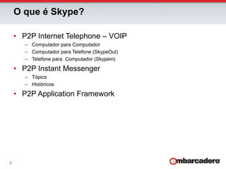 O que é Skype?P2P Internet Telephone – VOIPComputador para ComputadorComputador para Telefone (SkypeOut)Telefone para  Computador (Skypein)P2P Instant MessengerTópicsHistóricosP2P Application Framework