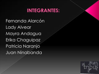 INTEGRANTES: Fernanda Alarcón Lady Alvear Mayra Andagua Erika Chaguipaz  Patricia Naranjo Juan Ninabanda 