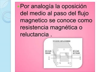  Poranalogía la oposición
 del medio al paso del flujo
 magnetico se conoce como
 resistencia magnética o
 reluctancia .
 